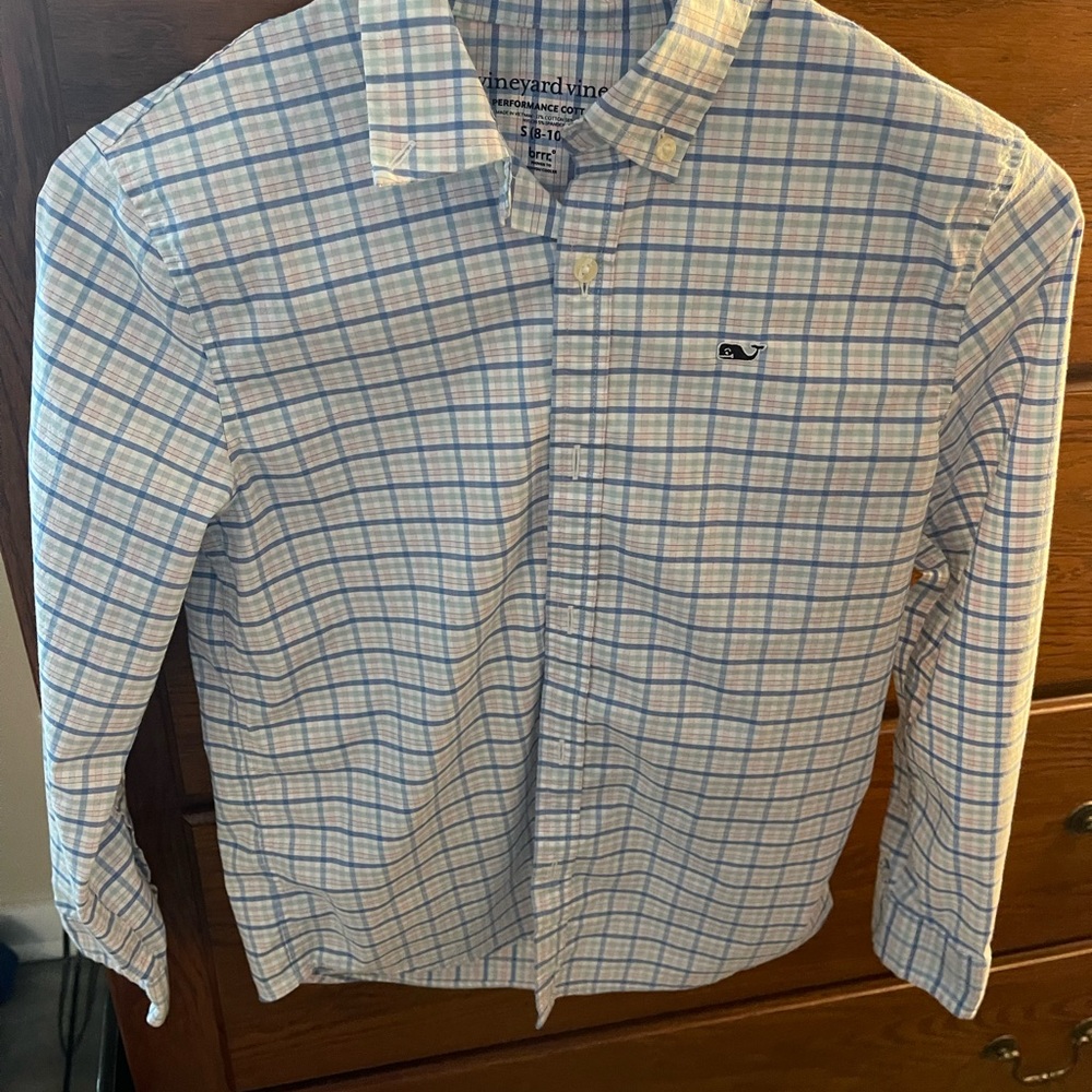 Vineyard Vines White Plaid Button-Up Shirt with Blue and Pink Lines